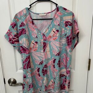Cotton Bleu Women's V-Neck Printed Top in Teal and Pink
